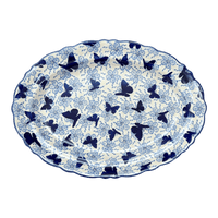 A picture of a Polish Pottery Large Scalloped Oval Platter (Blue Butterfly) | P165U-AS58 as shown at PolishPotteryOutlet.com/products/16-75-x-12-25-large-scalloped-oval-platter-blue-butterfly-p165u-as58