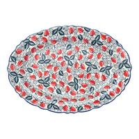 A picture of a Polish Pottery Large Scalloped Oval Platter (Strawberry Fields) | P165U-AS59 as shown at PolishPotteryOutlet.com/products/16-75-x-12-25-large-scalloped-oval-platter-strawberry-fields-p165u-as59