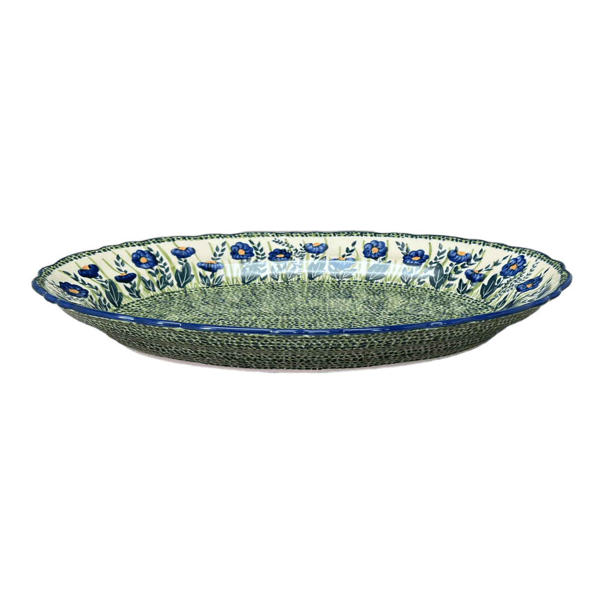 Platter, Oval, Scalloped, 16.75" x 12.25" Large in "Bouncing Blue Blossoms" by Manufaktura | P165U-IM03