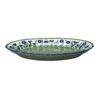 A picture of a Polish Pottery Large Scalloped Oval Platter (Bouncing Blue Blossoms) | P165U-IM03 as shown at PolishPotteryOutlet.com/products/large-scalloped-oval-plater-bouncing-blue-blossoms-p165u-im03