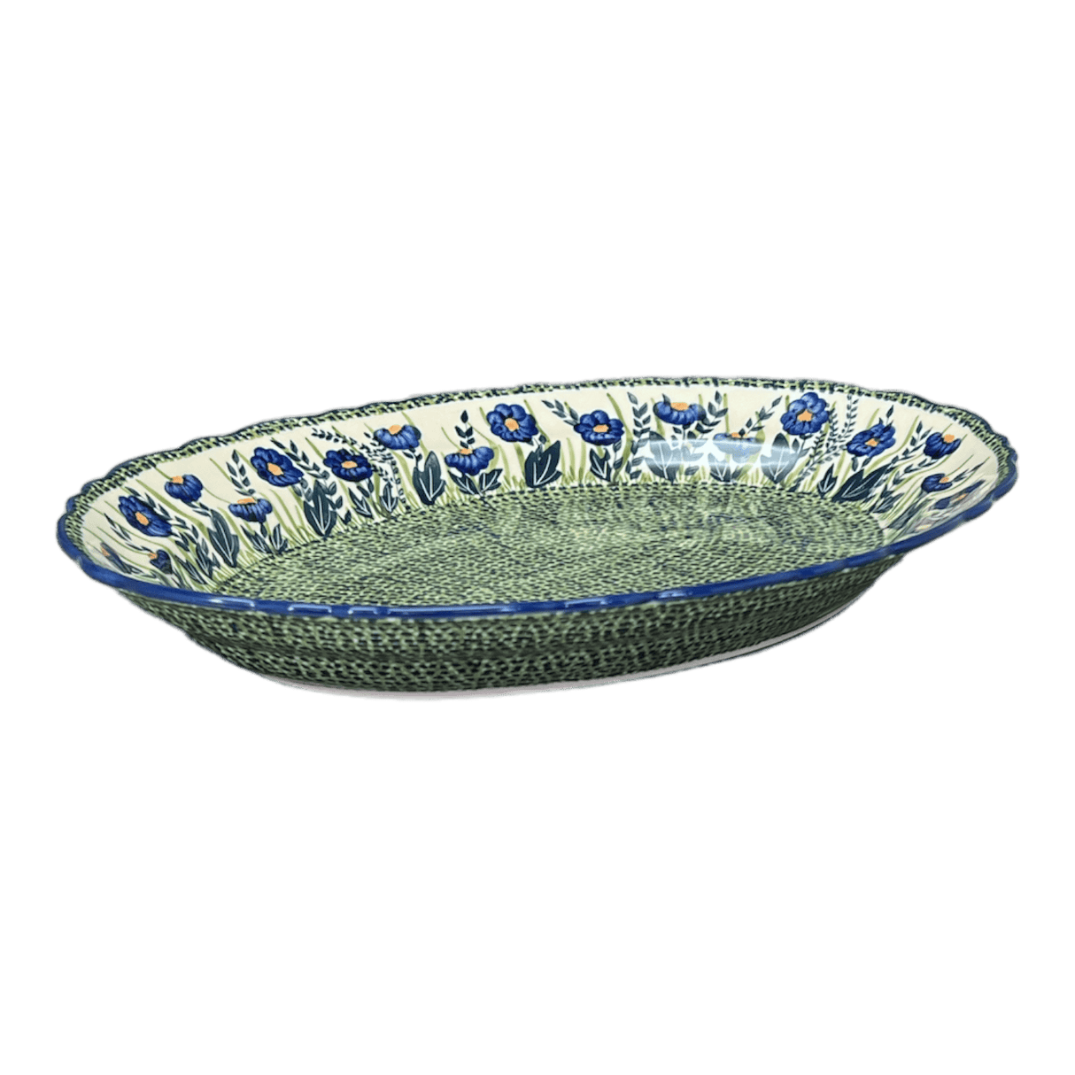 Platter, Oval, Scalloped, 16.75" x 12.25" Large in "Bouncing Blue Blossoms" by Manufaktura | P165U-IM03