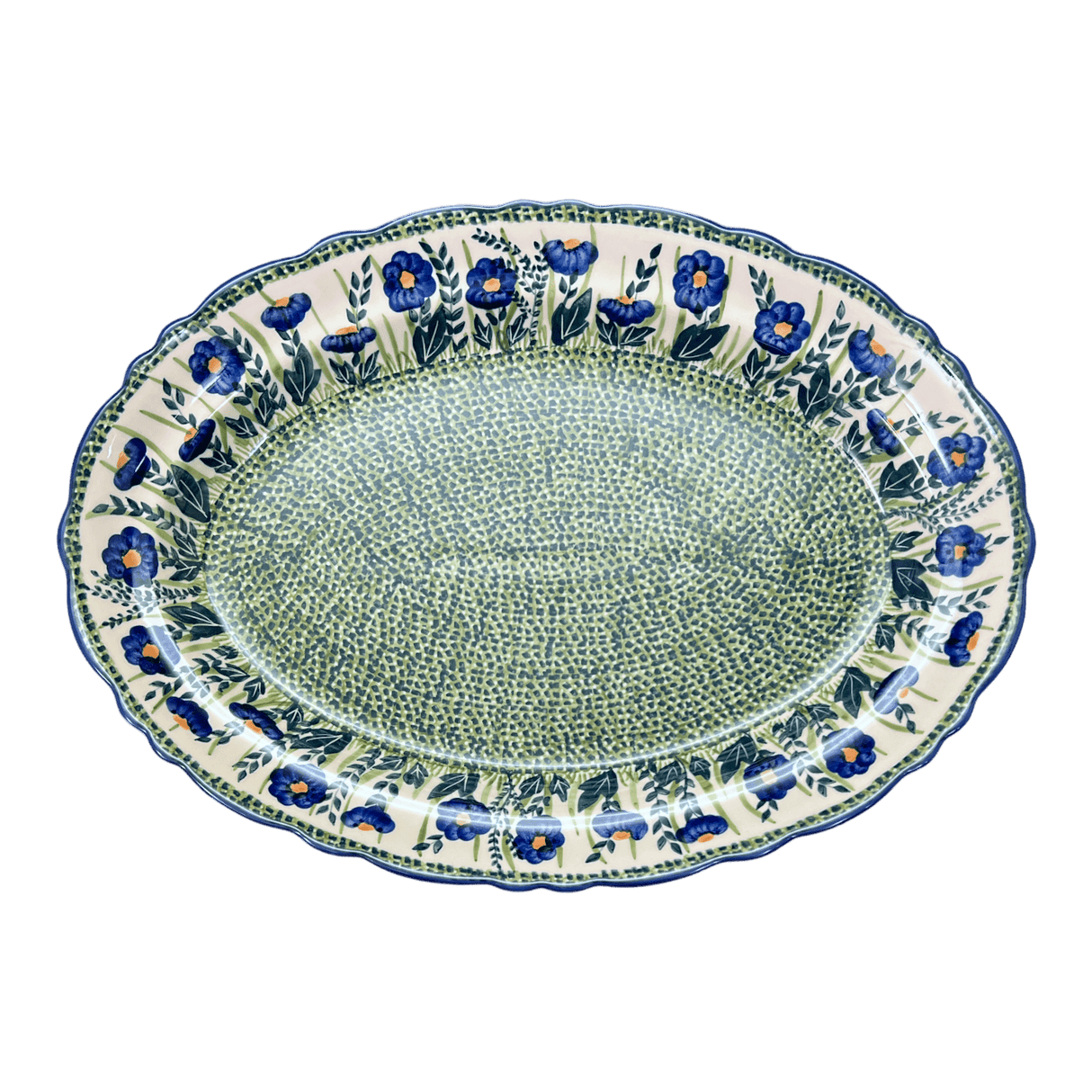 Platter, Oval, Scalloped, 16.75" x 12.25" Large in "Bouncing Blue Blossoms" by Manufaktura | P165U-IM03