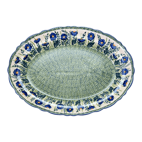 Platter, Oval, Scalloped, 16.75" x 12.25" Large in "Bouncing Blue Blossoms" by Manufaktura | P165U-IM03