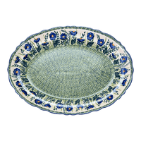 A picture of a Polish Pottery Large Scalloped Oval Platter (Bouncing Blue Blossoms) | P165U-IM03 as shown at PolishPotteryOutlet.com/products/large-scalloped-oval-plater-bouncing-blue-blossoms-p165u-im03