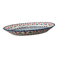 A picture of a Polish Pottery Large Scalloped Oval Platter (Scandinavian Scarlet) | P165U-P295 as shown at PolishPotteryOutlet.com/products/large-scalloped-oval-plater-scandinavian-scarlet-p165u-p295