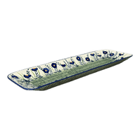 A picture of a Polish Pottery Long Rectangular Serving Dish (Bouncing Blue Blossoms) | P204U-IM03 as shown at PolishPotteryOutlet.com/products/19-5-x-6-75-rectangular-platter-bouncing-blue-blossoms-p204u-im03