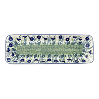 A picture of a Polish Pottery Long Rectangular Serving Dish (Bouncing Blue Blossoms) | P204U-IM03 as shown at PolishPotteryOutlet.com/products/19-5-x-6-75-rectangular-platter-bouncing-blue-blossoms-p204u-im03