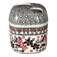 A picture of a Polish Pottery Toothbrush Holder (Duet in Black & Red) | P213S-DPCC as shown at PolishPotteryOutlet.com/products/toothbrush-holder-duet-in-black-red-p213s-dpcc
