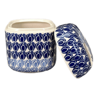 A picture of a Polish Pottery Toothbrush Holder (Tulip Blues) | P213T-GP16 as shown at PolishPotteryOutlet.com/products/toothbrush-holder-tulip-blues-p213t-gp16