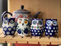 A picture of a Polish Pottery 3" Small Owl Figurine (Dot to Dot) | WR40J-SM2 as shown at PolishPotteryOutlet.com/products/small-owl-figurine-dot-to-dot-wr40j-sm2
