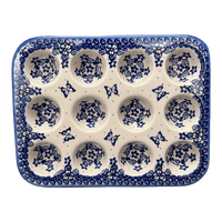 A picture of a Polish Pottery 12 Cup Mini Muffin Pan (Butterfly Blues) | NDA169-17 as shown at PolishPotteryOutlet.com/products/12-cup-mini-muffin-pan-butterfly-blues-nda169-17