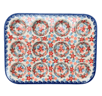 A picture of a Polish Pottery 12 Cup Mini Muffin Pan (Meadow in Bloom) | NDA169-A54 as shown at PolishPotteryOutlet.com/products/12-cup-mini-muffin-pan-meadow-in-bloom-nda169-a54
