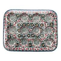 A picture of a Polish Pottery 12 Cup Mini Muffin Pan (Garden Breeze) | NDA169-A48 as shown at PolishPotteryOutlet.com/products/12-cup-mini-muffin-pan-garden-breeze-nda169-a48