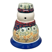 A picture of a Polish Pottery Snowman Luminary (Sunshine Grotto) | L026S-WK52 as shown at PolishPotteryOutlet.com/products/5-snowman-luminary-sunshine-grotto-l026s-wk52