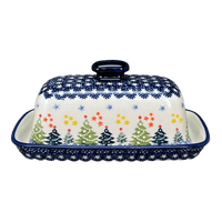 A picture of a Polish Pottery American Butter Dish (Festive Forest) | M074U-INS6 as shown at PolishPotteryOutlet.com/products/7-5-x-4-american-butter-dish-festive-forest-m074u-ins6