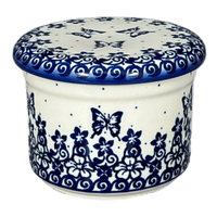 A picture of a Polish Pottery Butter Crock (Butterfly Blues) | NDA344-17 as shown at PolishPotteryOutlet.com/products/butter-crock-butterfly-blues-nda344-17