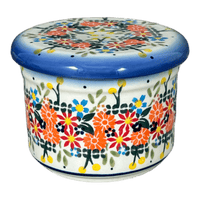 A picture of a Polish Pottery Butter Crock (Bright Bouquet) | NDA344-A55 as shown at PolishPotteryOutlet.com/products/butter-crock-bright-bouquet-nda344-a55