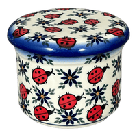 A picture of a Polish Pottery Butter Crock (Lovely Ladybugs) | NDA344-18 as shown at PolishPotteryOutlet.com/products/butter-crock-lovely-ladybugs-nda344-18