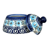 A picture of a Polish Pottery 4" Bell Sugar Bowl (Blue Daisy Spiral) | NDA76-38 as shown at PolishPotteryOutlet.com/products/4-bell-sugar-bowl-blue-daisy-spiral-nda76-38