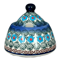 A picture of a Polish Pottery 4" Bell Sugar Bowl (Teal Pompons) | NDA76-62 as shown at PolishPotteryOutlet.com/products/4-sugar-bowl-teal-pompons-nda76-62