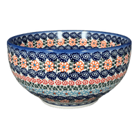 A picture of a Polish Pottery Bowl, Round, Deep, 9" in "Zany Zinnia" by Andy | NDA194-35 as shown at PolishPotteryOutlet.com/products/deep-9-bowl-zany-zinnia-nda194-35