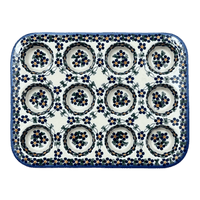 A picture of a Polish Pottery 12 Cup Mini Muffin Pan (Blue Lattice) | NDA169-6 as shown at PolishPotteryOutlet.com/products/12-cup-mini-muffin-pan-blue-lattice-nda169-6
