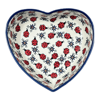 A picture of a Polish Pottery 8" X 8.75" Heart Bowl (Lovely Ladybugs) | NDA368-18 as shown at PolishPotteryOutlet.com/products/8-x-8-75-heart-bowl-lovely-ladybugs-nda368-18