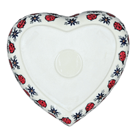 A picture of a Polish Pottery 8" X 8.75" Heart Bowl (Lovely Ladybugs) | NDA368-18 as shown at PolishPotteryOutlet.com/products/8-x-8-75-heart-bowl-lovely-ladybugs-nda368-18