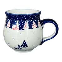 A picture of a Polish Pottery Medium Belly Mug (Christmas Chapel) | K090T-CHDK as shown at PolishPotteryOutlet.com/products/10-oz-mug-christmas-chapel-k090t-chdk