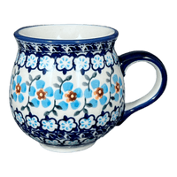 A picture of a Polish Pottery Medium Belly Mug (Sky Blue Border) | K090U-MS04 as shown at PolishPotteryOutlet.com/products/medium-belly-mug-sky-blue-border-k090u-ms04