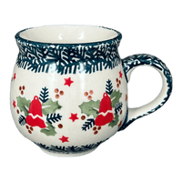 A picture of a Polish Pottery Medium Belly Mug (Evergreen Bells) | K090U-PZDG as shown at PolishPotteryOutlet.com/products/10-oz-mug-evergreen-bells-k090u-pzdg