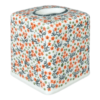 A picture of a Polish Pottery Tissue Box Cover, 6" x 6" in "Peach Blossoms" by Manufaktura | O003S-AS46 as shown at PolishPotteryOutlet.com/products/tissue-box-cover-peach-blossoms-o003s-as46