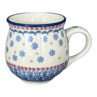 A picture of a Polish Pottery Medium Belly Mug (Snowflake Love) | K090U-PS01 as shown at PolishPotteryOutlet.com/products/medium-belly-mug-snowflake-love-k090u-ps01