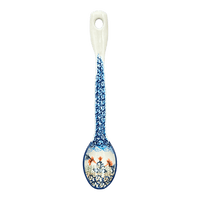 A picture of a Polish Pottery Stirring Spoon (Hummingbird Harvest) | L008S-JZ35 as shown at PolishPotteryOutlet.com/products/12-large-stirring-spoon-hummingbird-harvest-l008s-jz35