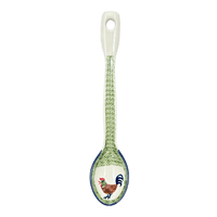A picture of a Polish Pottery Stirring Spoon (Chicken Dance) | L008U-P320 as shown at PolishPotteryOutlet.com/products/12-large-stirring-spoon-chicken-dance-l008u-p320
