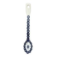 A picture of a Polish Pottery Stirring Spoon (Peacock in Line) | L008T-54A as shown at PolishPotteryOutlet.com/products/12-large-stirring-spoon-peacock-in-line-l008t-54a