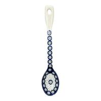 A picture of a Polish Pottery Stirring Spoon (Peacock Dot) | L008U-54K as shown at PolishPotteryOutlet.com/products/12-large-stirring-spoon-peacock-dot-l008u-54k