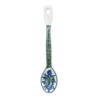 A picture of a Polish Pottery Stirring Spoon (Bouncing Blue Blossoms) | L008U-IM03 as shown at PolishPotteryOutlet.com/products/12-large-stirring-spoon-bouncing-blue-blossoms-l008u-im03