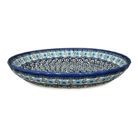 A picture of a Polish Pottery Bowl, Round, Shallow, 12.5" in "Blue Daisy Spiral" by Andy | NDA199-38 as shown at PolishPotteryOutlet.com/products/12-5-shallow-bowl-baker-blue-daisy-spiral-nda199-38