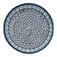 A picture of a Polish Pottery Bowl, Round, Shallow, 12.5" in "Blue Daisy Spiral" by Andy | NDA199-38 as shown at PolishPotteryOutlet.com/products/12-5-shallow-bowl-baker-blue-daisy-spiral-nda199-38