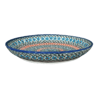 A picture of a Polish Pottery Bowl, Round, Shallow, 12.5" in "Teal Pompons" by Andy | NDA199-62 as shown at PolishPotteryOutlet.com/products/12-5-shallow-bowl-baker-teal-pompons-nda199-62