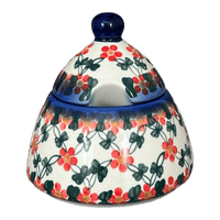 A picture of a Polish Pottery 4" Bell Sugar Bowl (Red Lattice) | NDA76-20 as shown at PolishPotteryOutlet.com/products/4-sugar-bowl-red-lattice-nda76-20