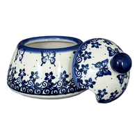 A picture of a Polish Pottery 4" Bell Sugar Bowl (Butterfly Blues) | NDA76-17 as shown at PolishPotteryOutlet.com/products/bell-sugar-bowl-butterfly-blues-nda76-17
