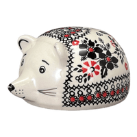 A picture of a Polish Pottery Hedgehog Bank (Duet in Black & Red) | S005S-DPCC as shown at PolishPotteryOutlet.com/products/hedgehog-bank-duet-in-black-red-s005s-dpcc