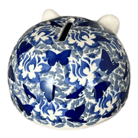 A picture of a Polish Pottery Hedgehog Bank (Dusty Blue Butterflies) | S005U-AS56 as shown at PolishPotteryOutlet.com/products/hedgehog-bank-dusty-blue-butterflies-s005u-as56
