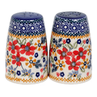 A picture of a Polish Pottery Salt & Pepper, 3.75" in "Ruby Bouquet" by Manufaktura | S086S-DPCS as shown at PolishPotteryOutlet.com/products/3-75-salt-and-pepper-ruby-bouquet-s086s-dpcs