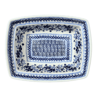 A picture of a Polish Pottery Deep 7.5" x 10" Casserole Dish (Duet in Blue) | S105S-SB01 as shown at PolishPotteryOutlet.com/products/7-5-x-10-deep-casserole-dish-duet-in-blue-s105s-sb01