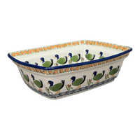 A picture of a Polish Pottery Deep 7.5" x 10" Casserole Dish (Ducks in a Row) | S105U-P323 as shown at PolishPotteryOutlet.com/products/7-5-x-10-deep-casserole-dish-ducks-in-a-row-s105u-p323