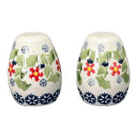A picture of a Polish Pottery Salt and Pepper Eggs (Holly in Bloom) | S118T-IN13 as shown at PolishPotteryOutlet.com/products/salt-pepper-eggs-holly-in-bloom-s118t-in13