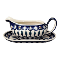 A picture of a Polish Pottery 14 oz. Gravy Boat (Peacock) | S119T-54 as shown at PolishPotteryOutlet.com/products/14-oz-gravy-boat-peacock-s119t-54